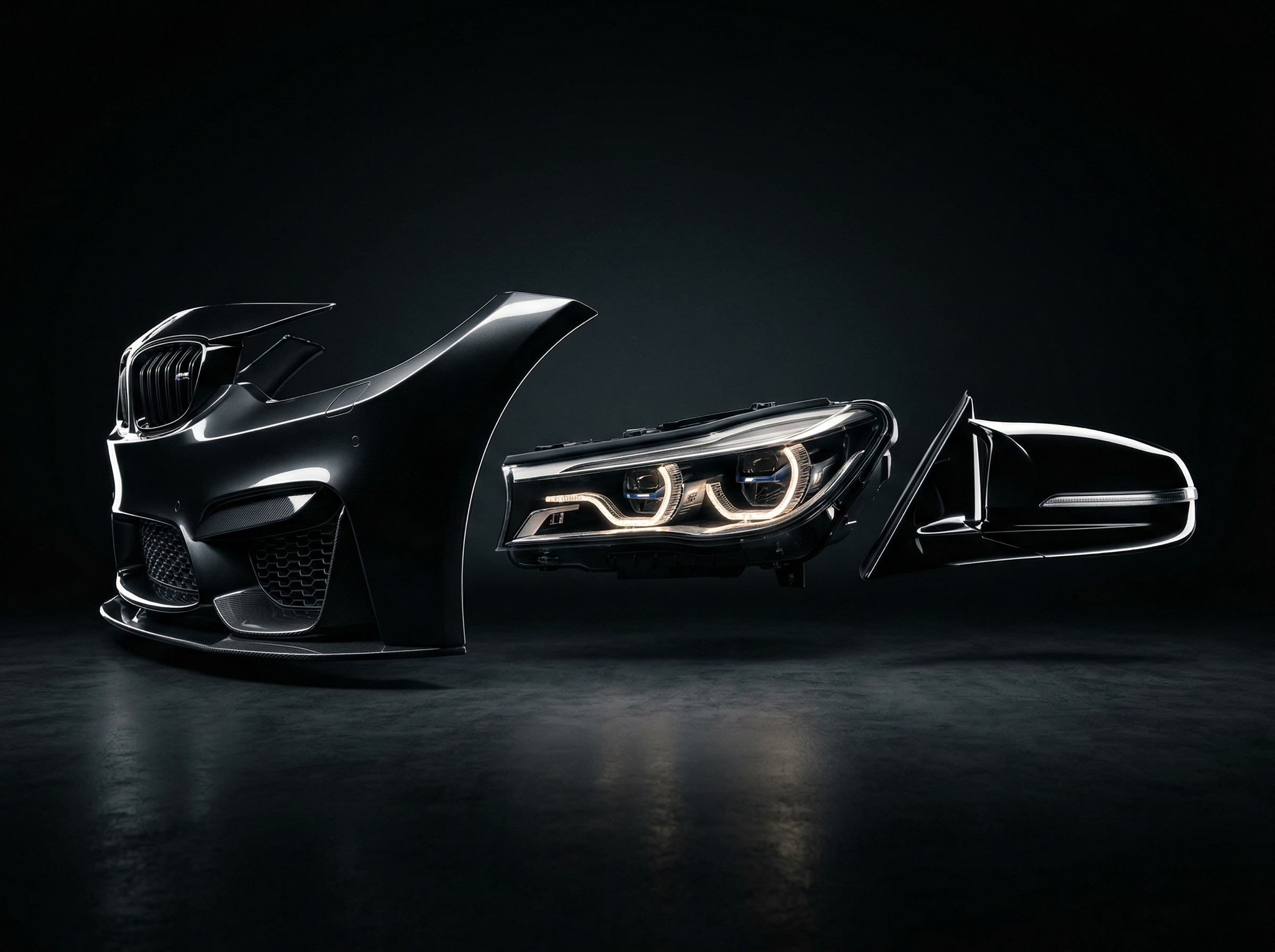 Bumper, headlight, and mirror exterior parts